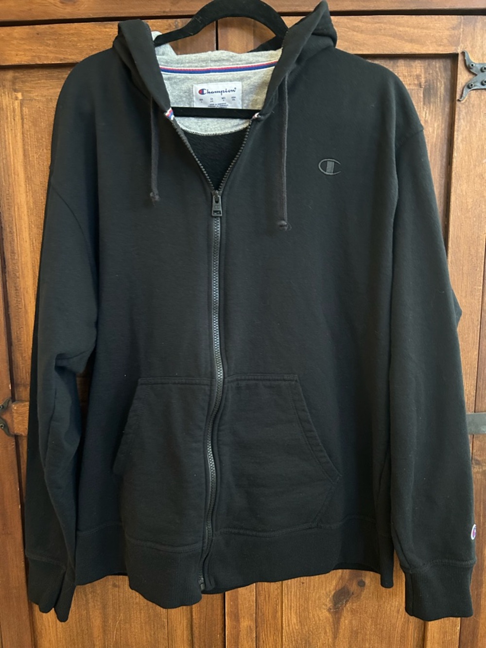 Champion Black Zip Hoodie with Red & Blue Trim